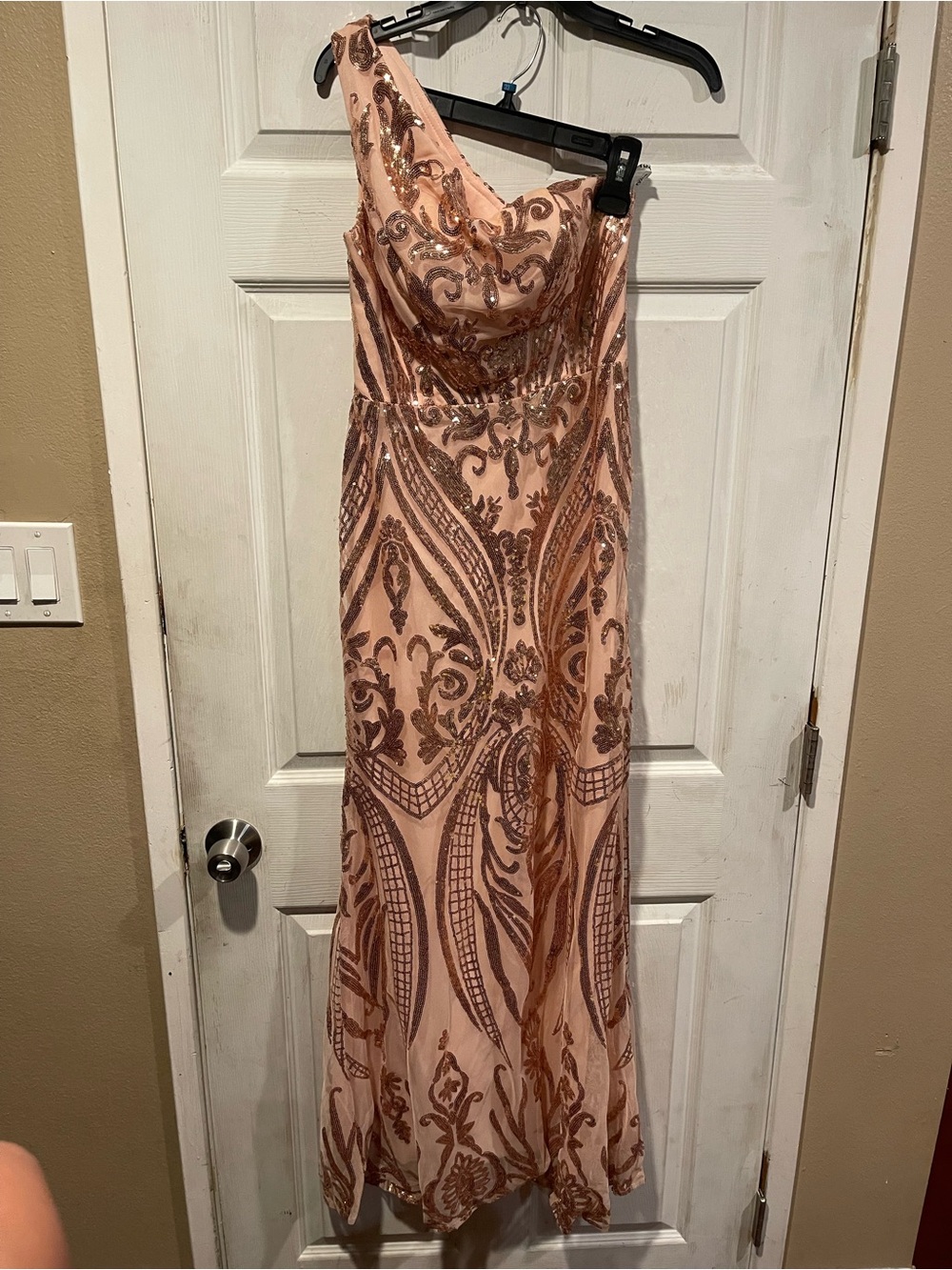 One-Shoulder Blush Sequin Evening Gown
